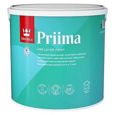 Краска PRIMA (база А) однослойная интерьерная, для стен и потолков 0,9л.  ТИККУРИЛА.